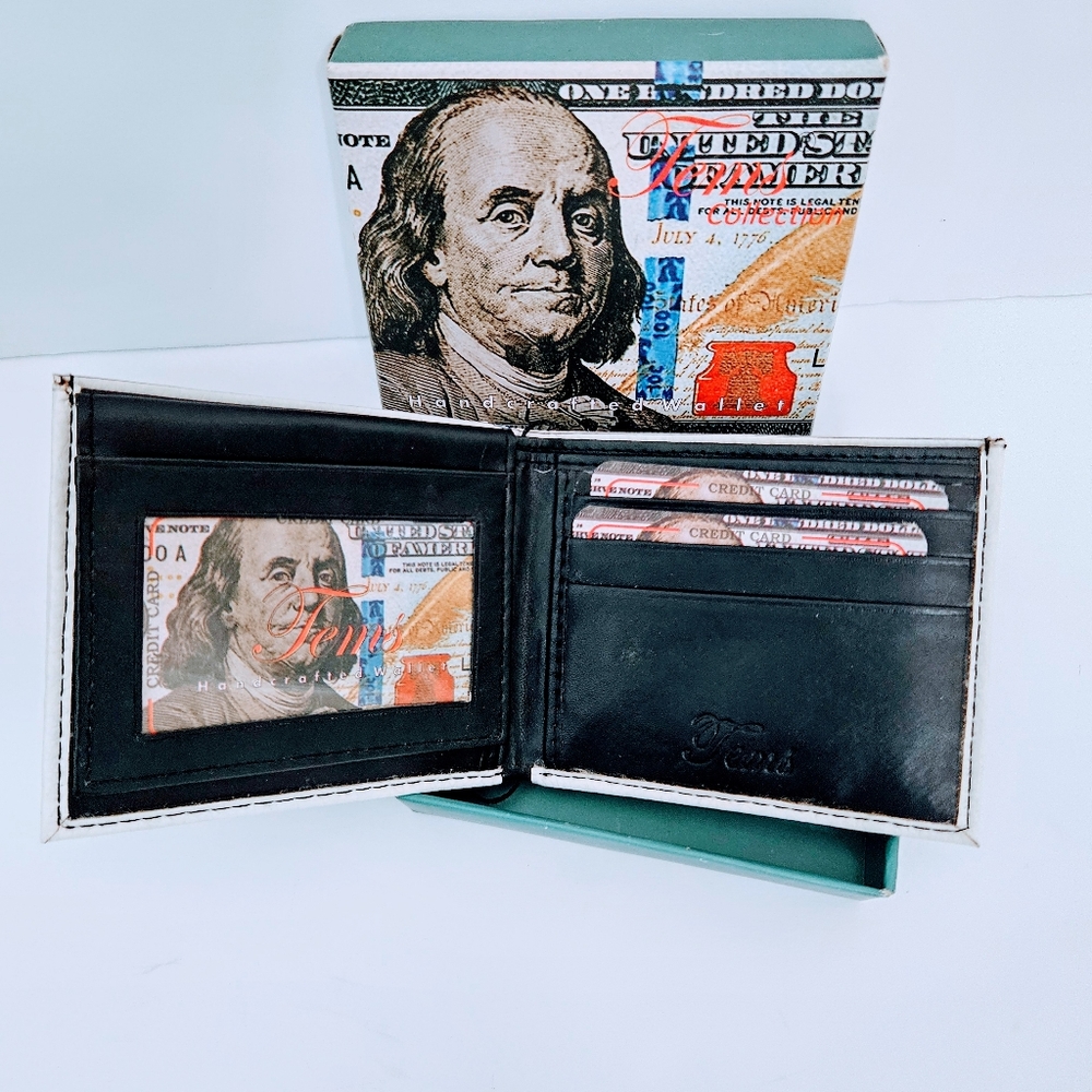 Tems Handcrafted Bifold Novelty Wallet Featuring a print of a $100 Bill